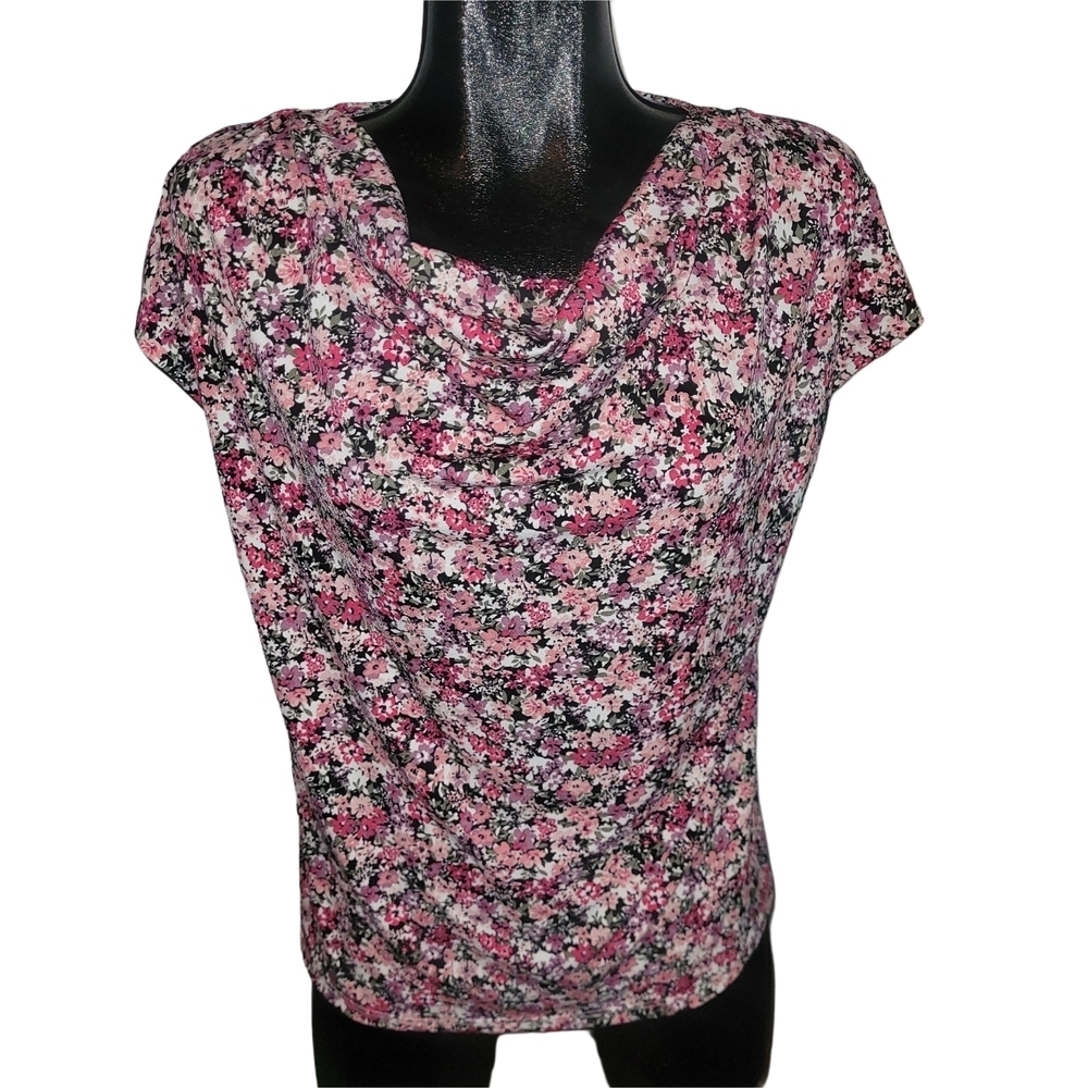 PURE Suzy Shier Pink Floral Drape Neck Short Sleeve Top S